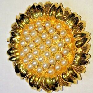 Vintage Signed Modo Gold Sunflower STATEMENT Pendant- Brooch Pin Faux Pearls